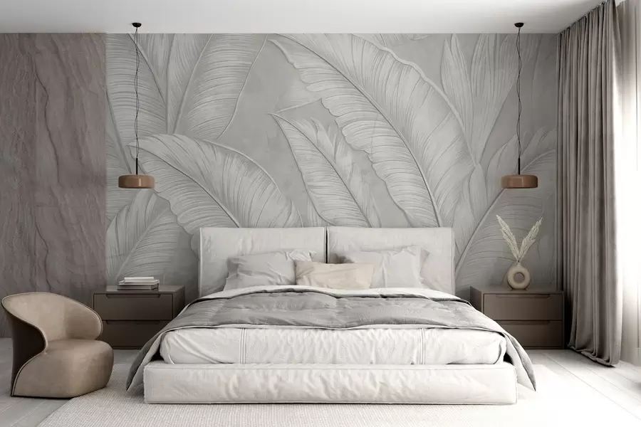 Wall Mural Photo Wallpaper Highly-textured detailed large tropical leaves in a monochromatic light gray color in loft style  w08772