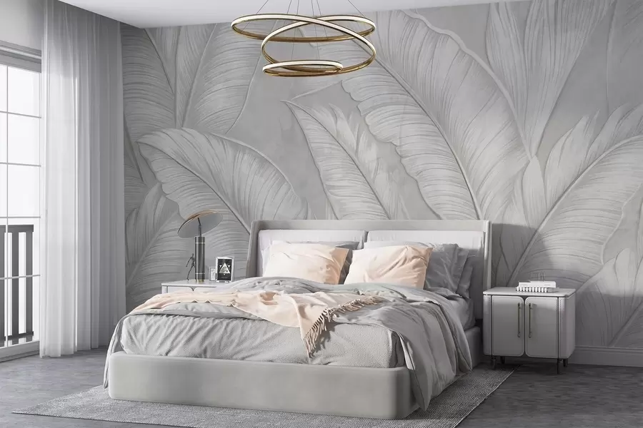 murais de parede Folhas tropicais grandes e pormenorizadas com textura elevada numa cor cinzenta clara monocromática em estilo loft  w08772
