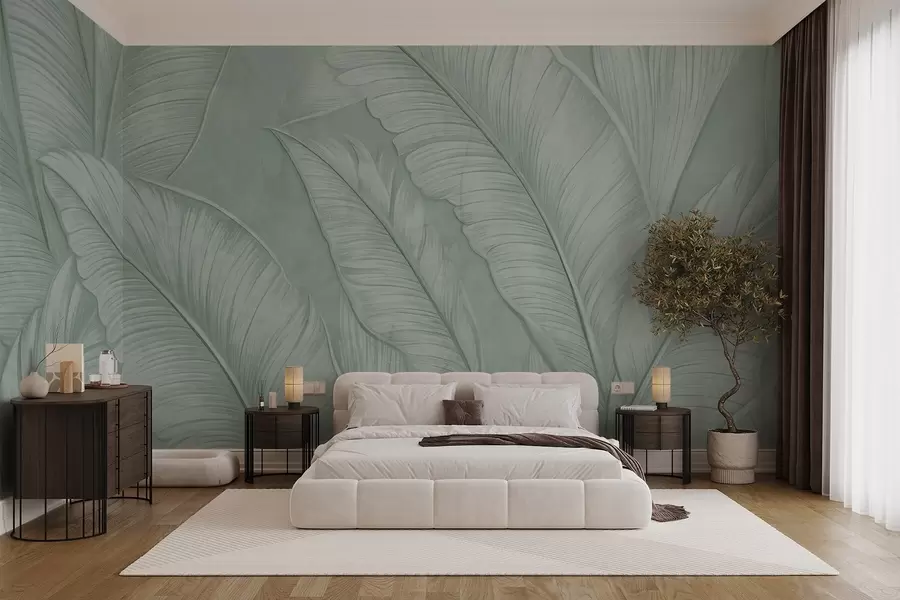 murais de parede Folhas tropicais grandes e pormenorizadas, com uma textura elevada, numa cor verde monocromática em estilo loft  w08772v1