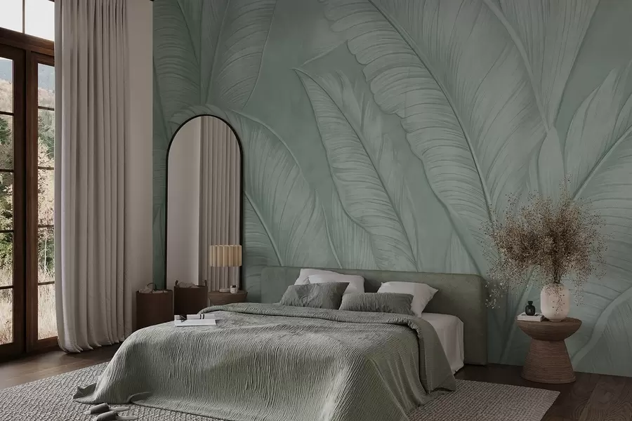 Wall Mural Photo Wallpaper Highly-textured detailed large tropical leaves in a monochromatic green color in loft style  w08772v1