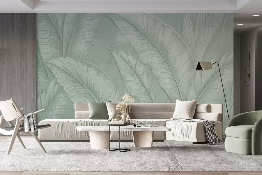 Wall Mural Photo Wallpaper Highly-textured detailed large tropical leaves in a monochromatic green color in loft style  w08772v1