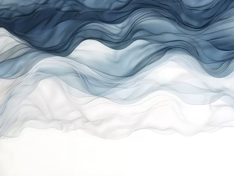 Wall Mural Photo Wallpaper Flowing waves of translucent textures in shades of dark blue , light blue and white on a light background  w08775