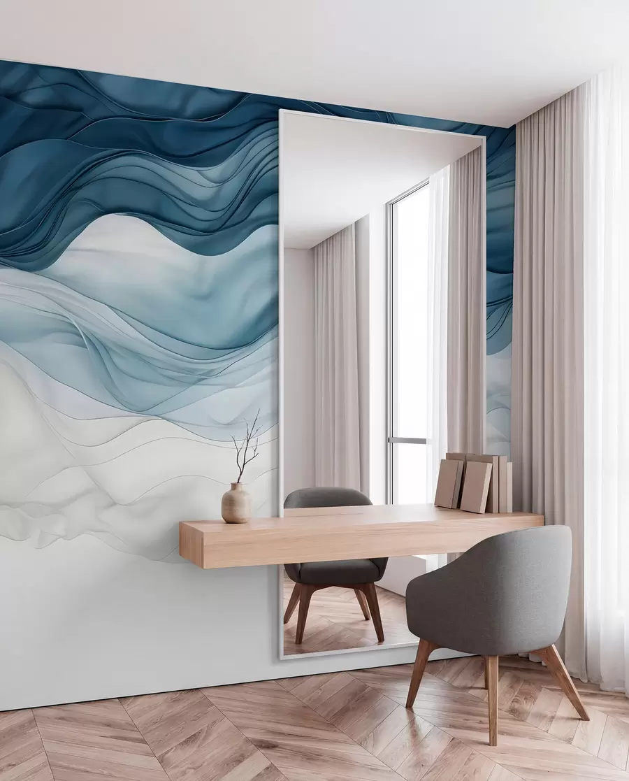 wall murals Flowing waves of translucent textures in shades of dark blue , light blue and white on a light background w08775