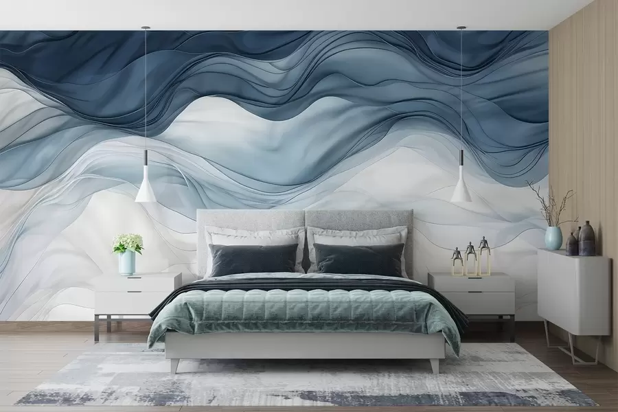 Wall Mural Photo Wallpaper Flowing waves of translucent textures in shades of dark blue , light blue and white on a light background  w08775