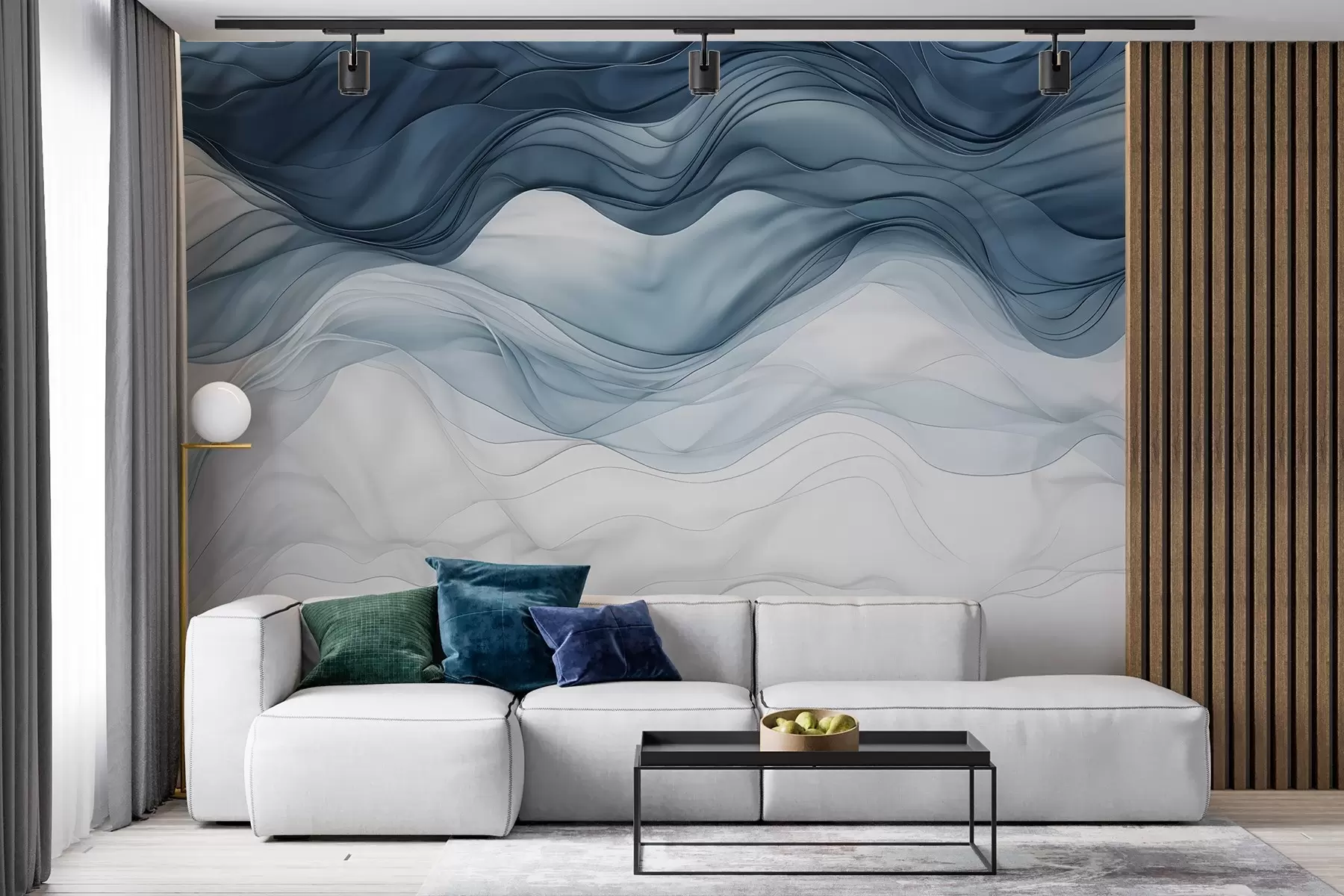 wall murals Flowing waves of translucent textures in shades of dark blue , light blue and white on a light background w08775