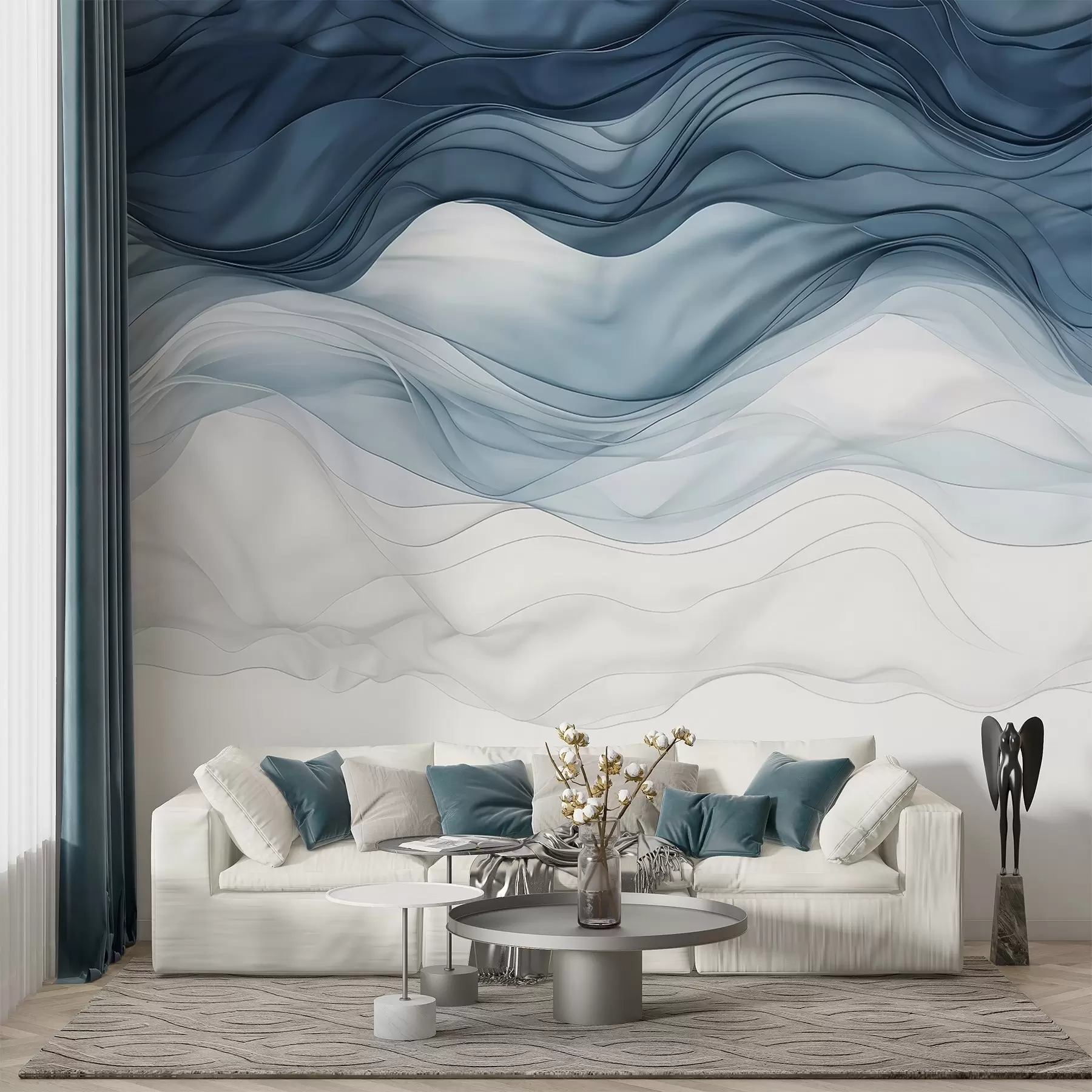 murales Ondas fluidas de texturas translúcidas en tonos azul oscuro, azul claro y blanco sobre un fondo claro w08775