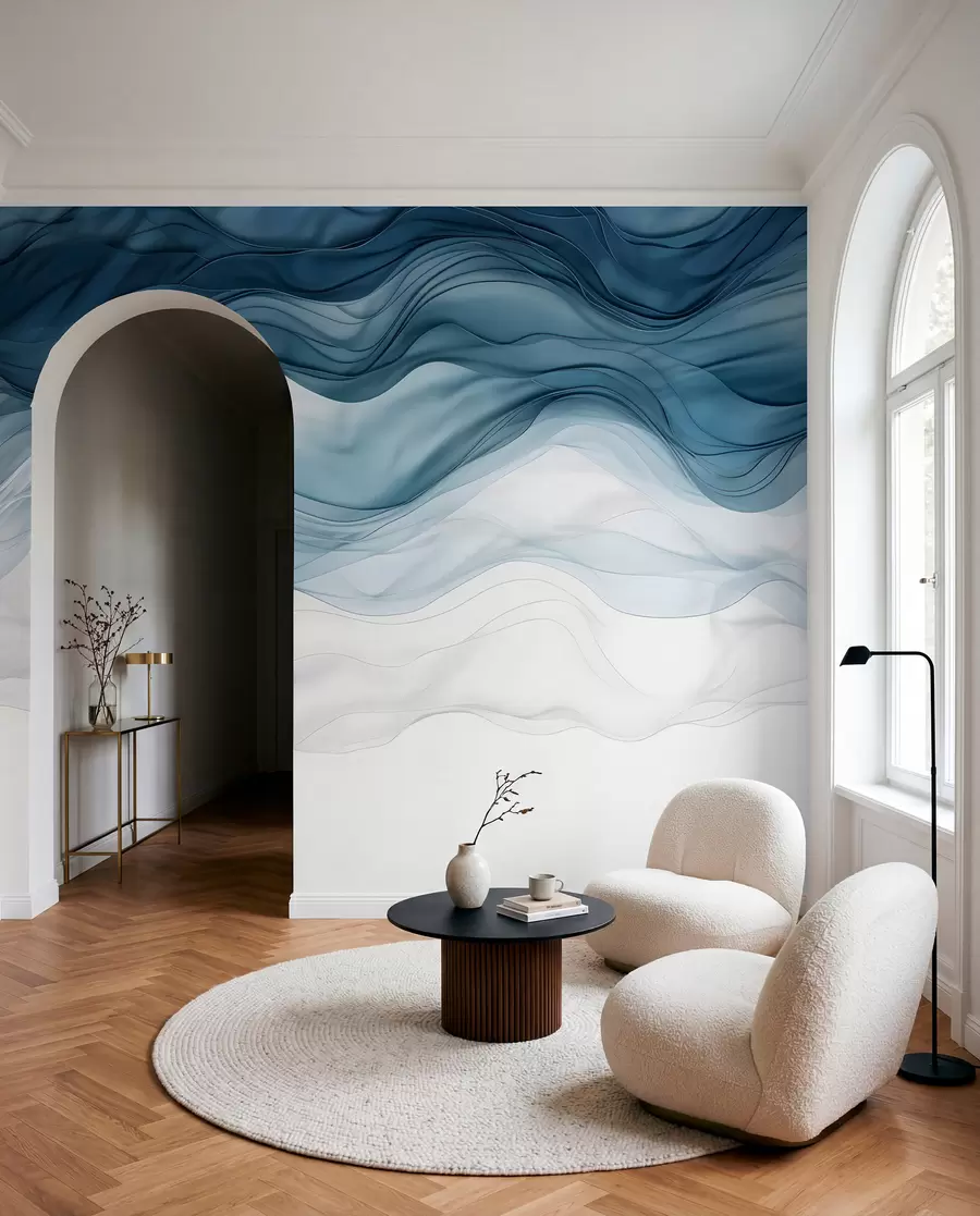peintures murales Vagues fluides de textures translucides dans les tons de bleu foncé, bleu clair et blanc sur un fond clair w08775