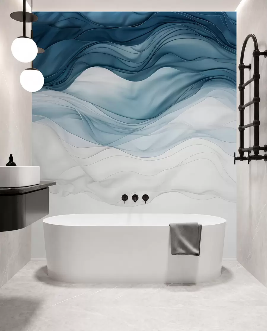 wall murals Flowing waves of translucent textures in shades of dark blue , light blue and white on a light background w08775