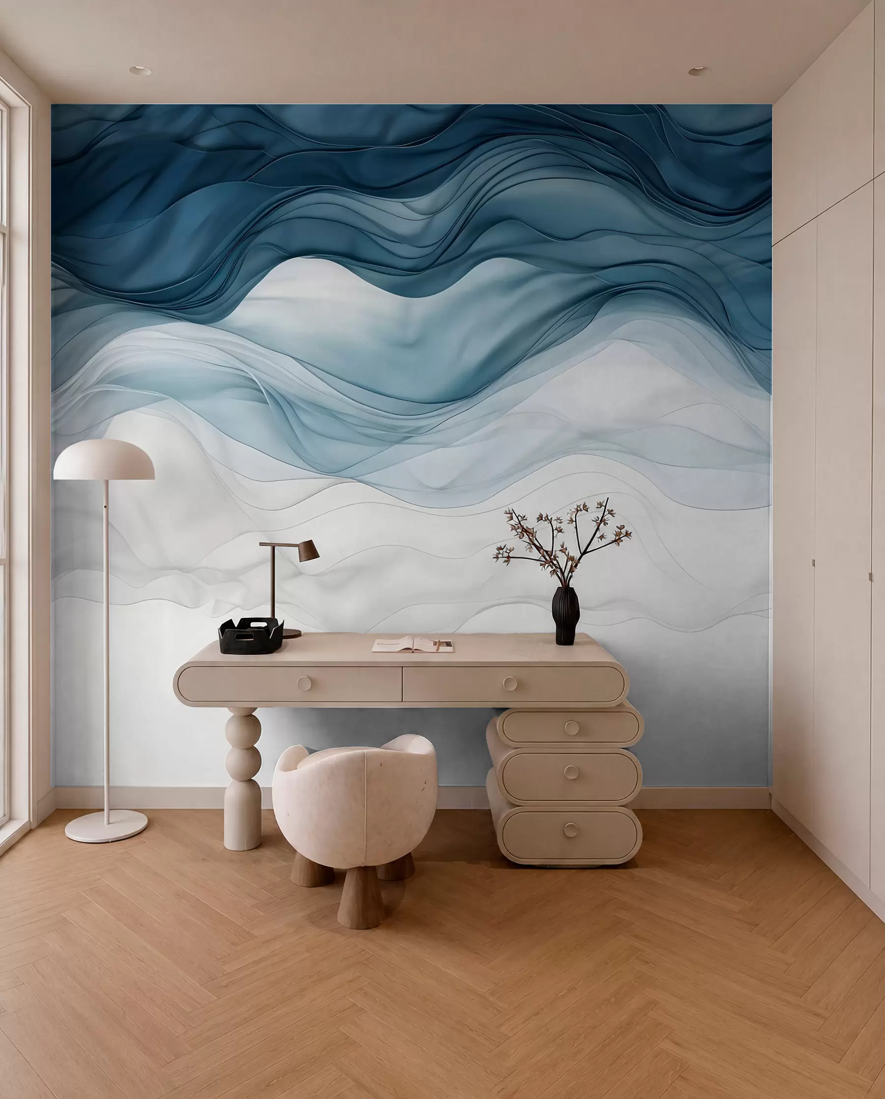wall murals Flowing waves of translucent textures in shades of dark blue , light blue and white on a light background w08775