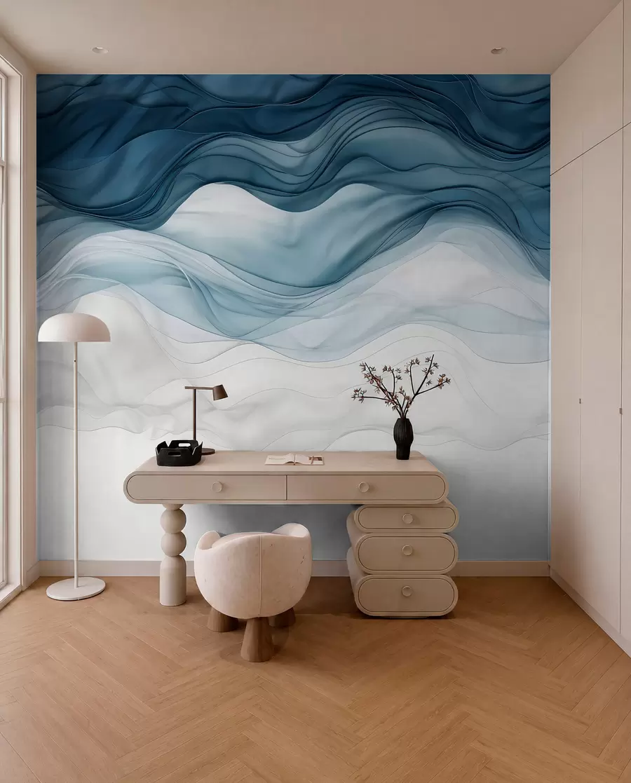 wall murals Flowing waves of translucent textures in shades of dark blue , light blue and white on a light background w08775
