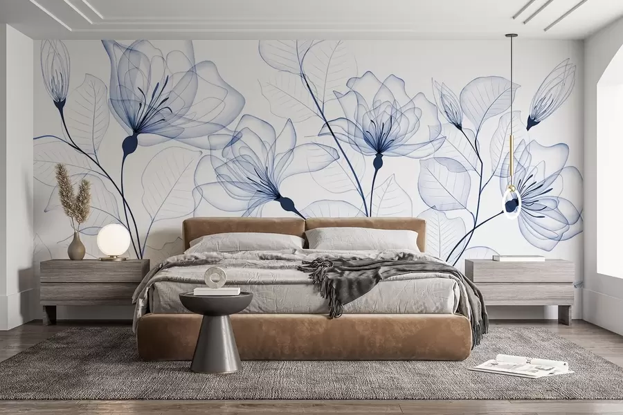Wall Mural Photo Wallpaper Delicate minimalistic blue flowers with transparent petals and leaves, against a white background w08776
