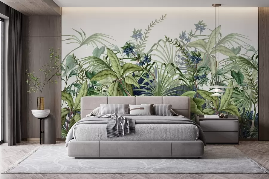 Wall Mural Photo Wallpaper Arrangement of various tropical plants with large green leaves, creating a lush foliage scene on a light beige  w08777