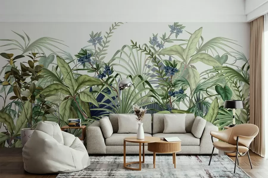 Wall Mural Photo Wallpaper Arrangement of various tropical plants with large green leaves, creating a lush foliage scene on a light beige  w08777