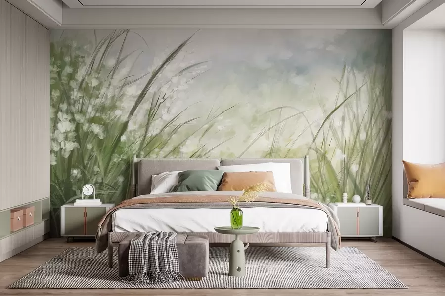murais de parede Relva verde luxuriante com delicadas flores brancas, impressão suavemente esbatida com tons claros, criando uma paisagem tranquila w08779