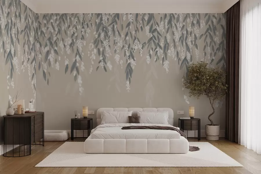 Wall Mural Photo Wallpaper Cascading foliage branches in shades of muted green with white flowers and leaves on beige background w08781