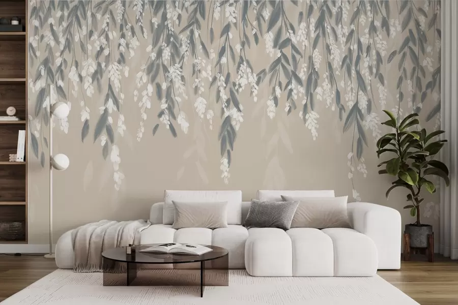 wall murals Cascading foliage branches in shades of muted green with white flowers and leaves on beige background w08781