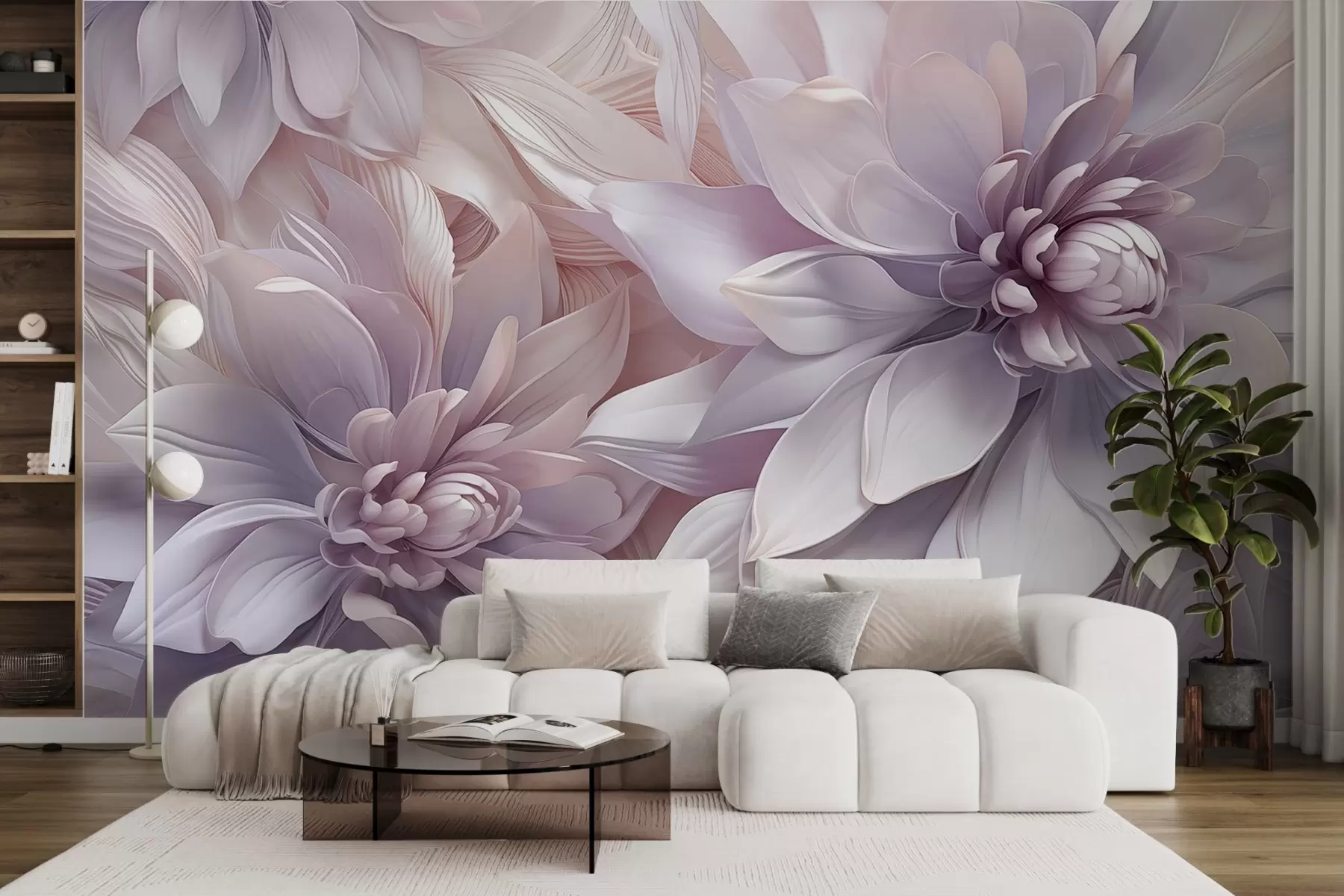 wall murals Soft, layered flowers in shades of pale pink, lavender, and white with delicate petals and intricate details w08783