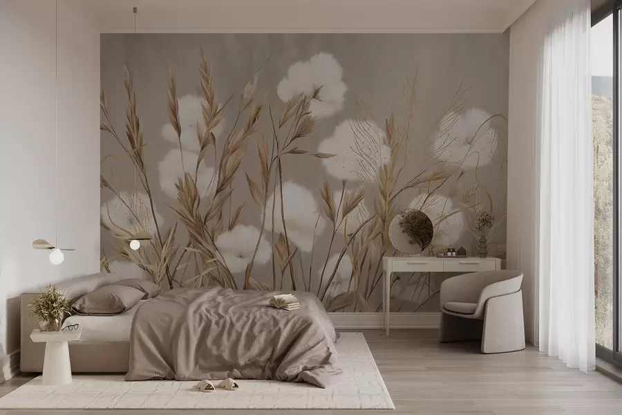 Wall Mural Photo Wallpaper Soft, fluffy cotton white flowers and tall orange spikelets grasses against a muted textured beige background w08784