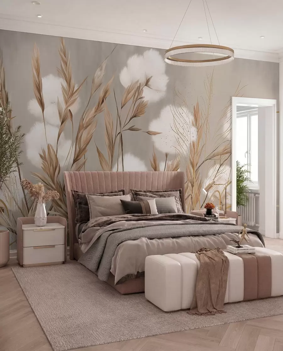 wall murals Soft, fluffy cotton white flowers and tall orange spikelets grasses against a muted textured beige background w08784