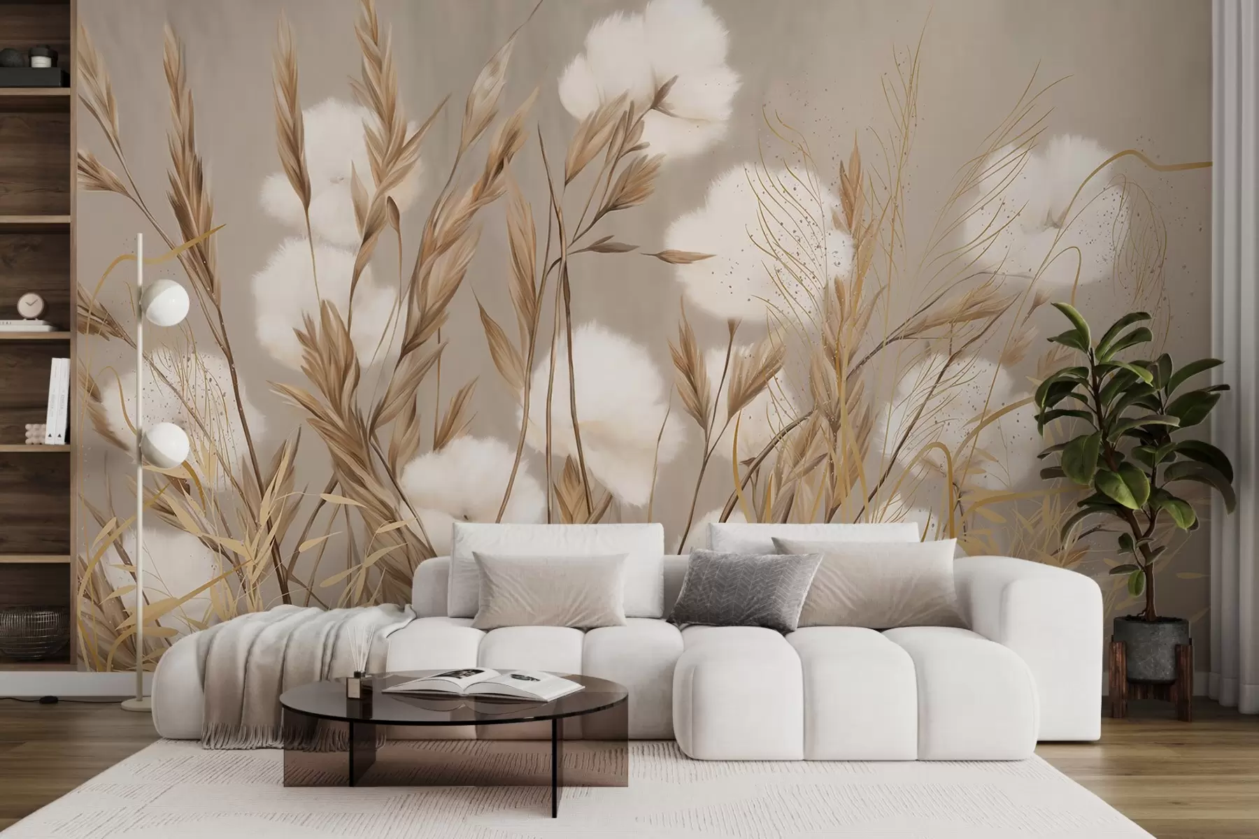 wall murals Soft, fluffy cotton white flowers and tall orange spikelets grasses against a muted textured beige background w08784