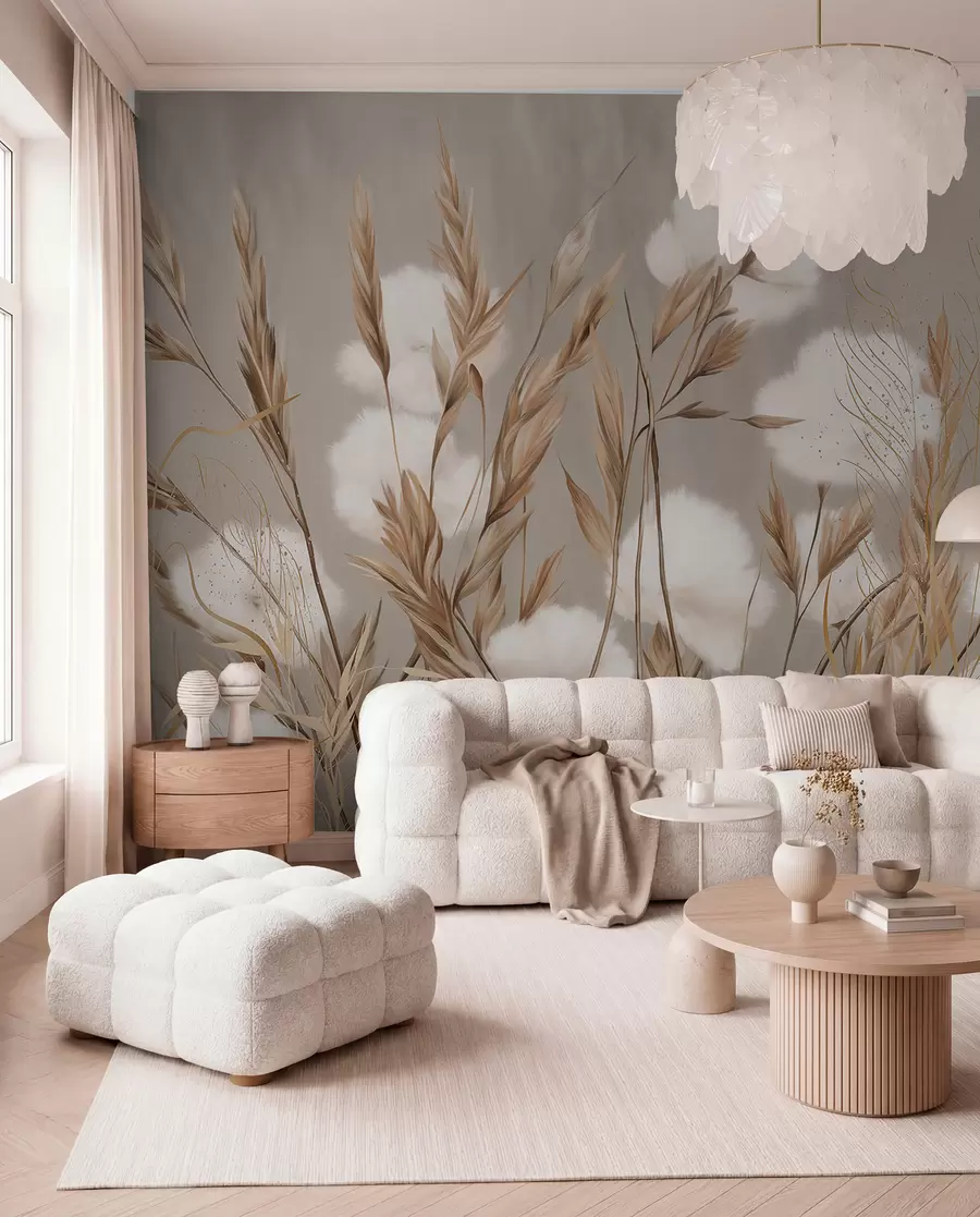 Wall Mural Photo Wallpaper Soft, fluffy cotton white flowers and tall orange spikelets grasses against a muted textured beige background w08784