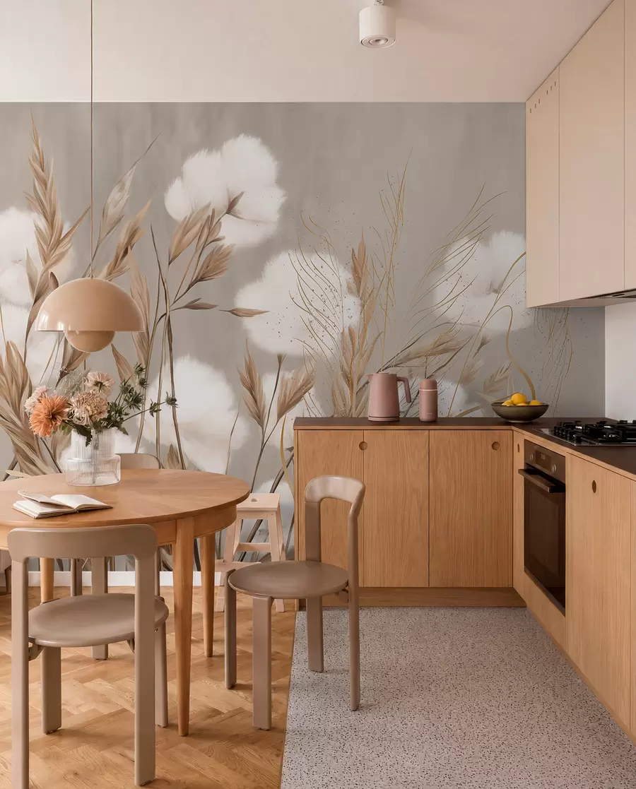wall murals Soft, fluffy cotton white flowers and tall orange spikelets grasses against a muted textured beige background w08784