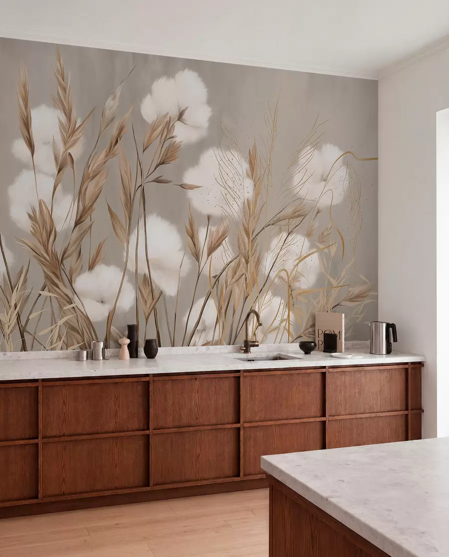 peintures murales Fleurs blanches en coton doux et duveteux et hautes herbes en épis orange sur un fond beige texturé w08784