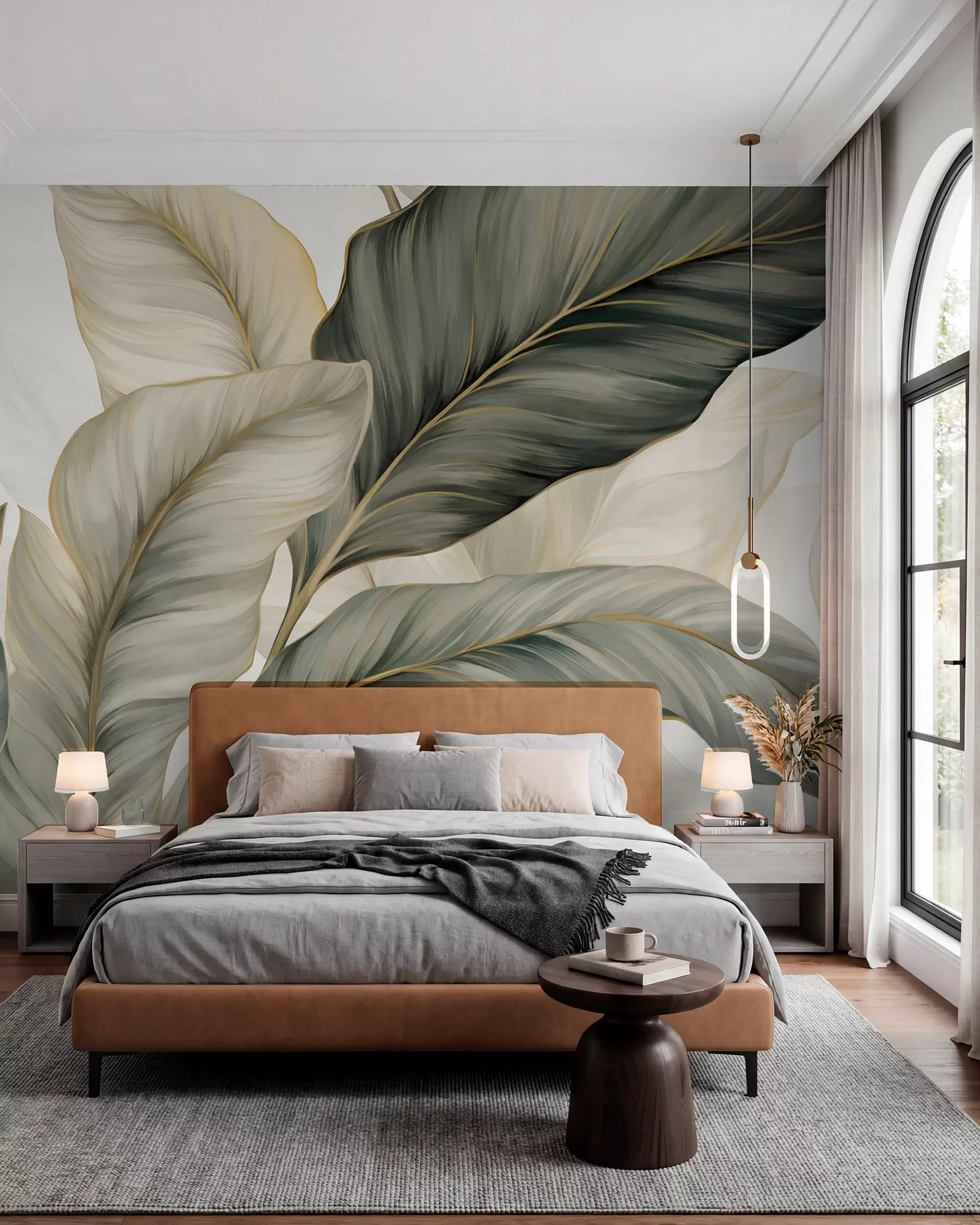 wall murals Large, stylized textured leaves with detailed veins in various shades of green, cream and beige w08785