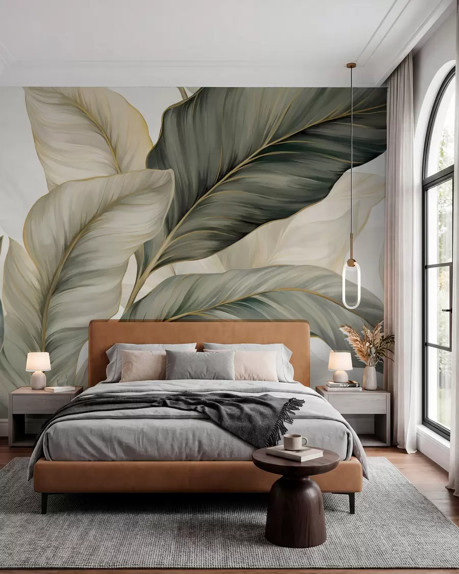 wall murals Large, stylized textured leaves with detailed veins in various shades of green, cream and beige w08785
