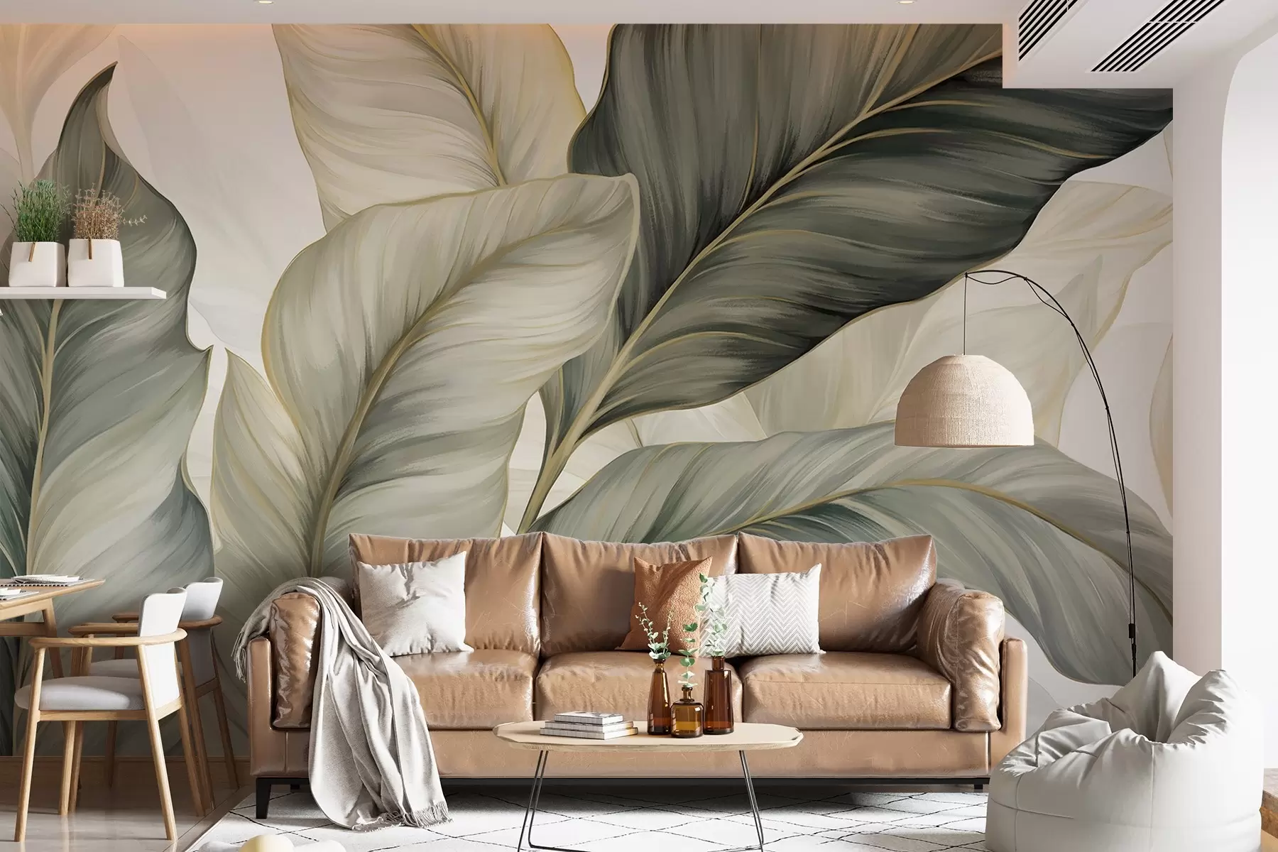 Wall Mural Photo Wallpaper Large, stylized textured leaves with detailed veins in various shades of green, cream and beige w08785