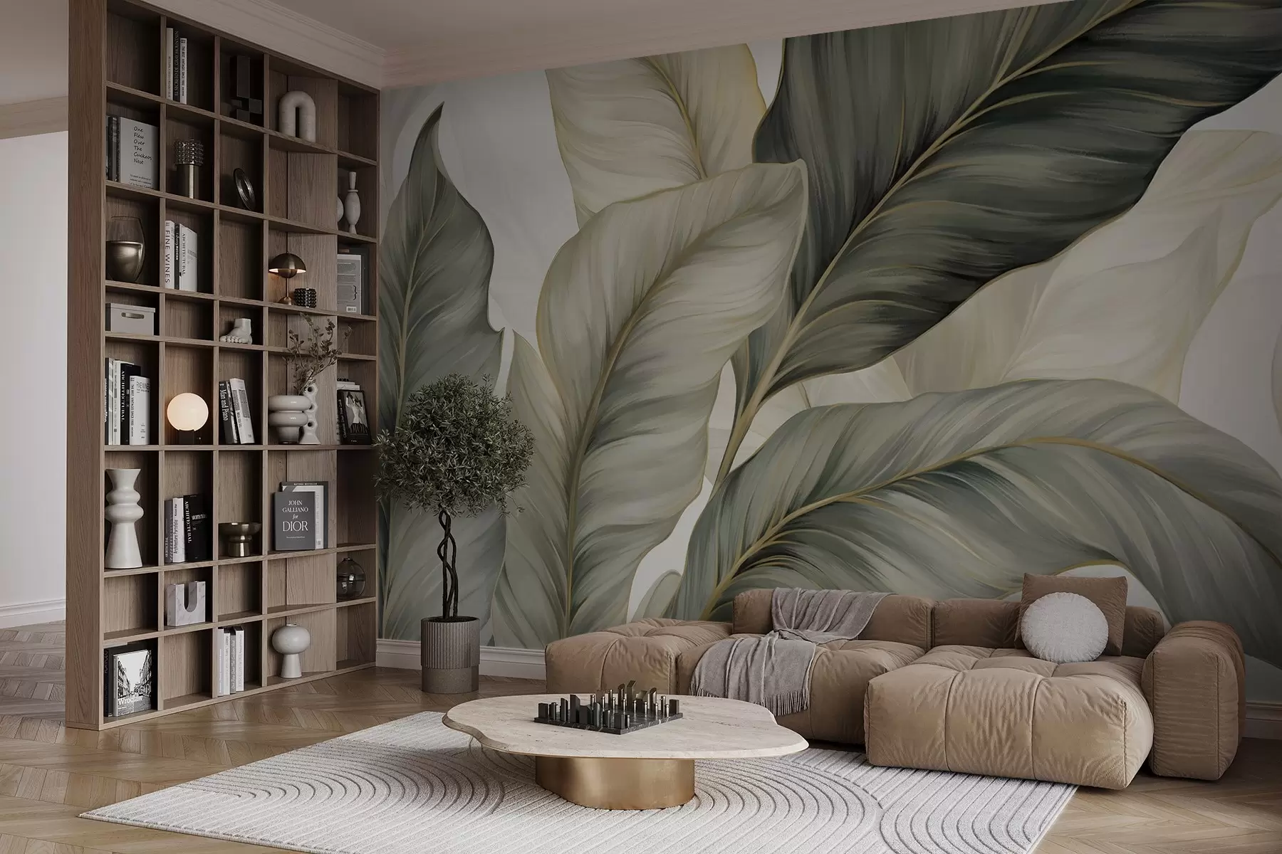 Wall Mural Photo Wallpaper Large, stylized textured leaves with detailed veins in various shades of green, cream and beige w08785
