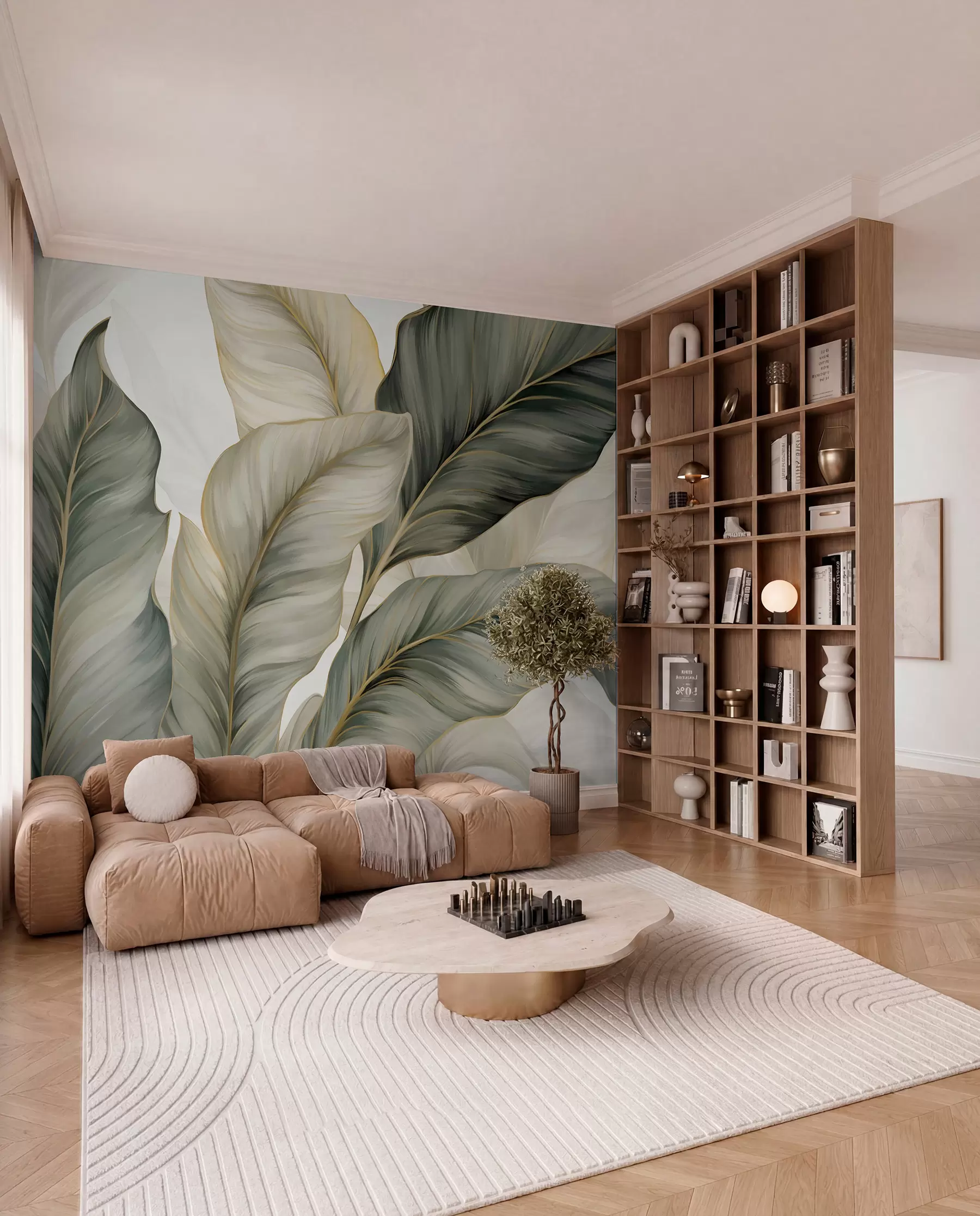 peintures murales Grandes feuilles texturées stylisées avec des veines détaillées dans différentes nuances de vert, crème et beige w08785