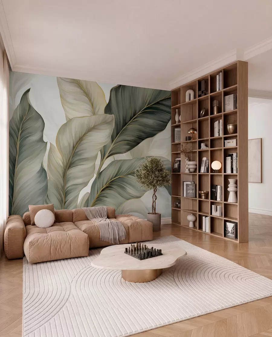 Wall Mural Photo Wallpaper Large, stylized textured leaves with detailed veins in various shades of green, cream and beige w08785