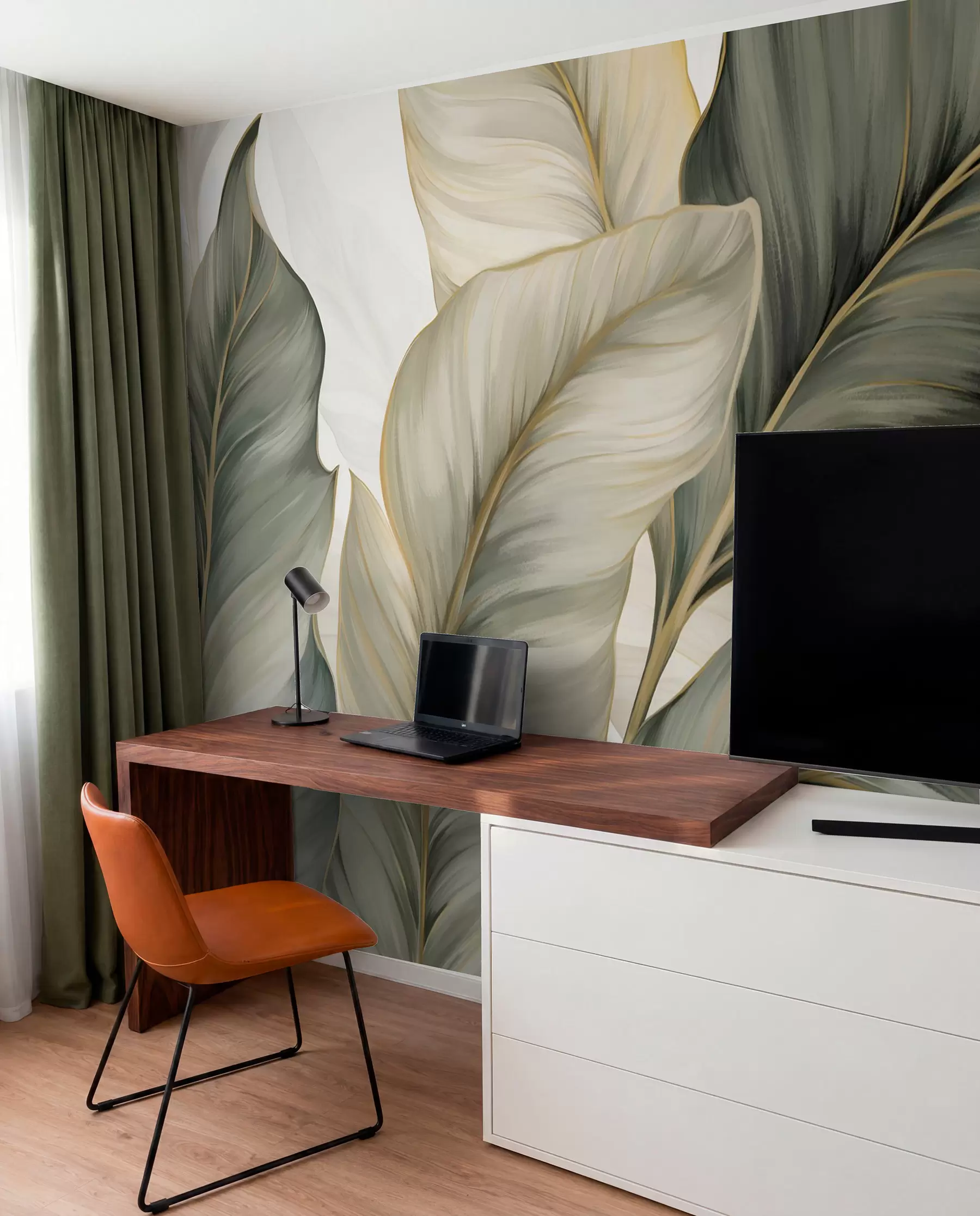 wall murals Large, stylized textured leaves with detailed veins in various shades of green, cream and beige w08785