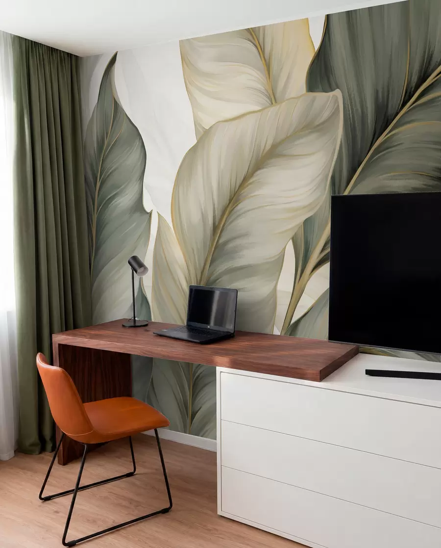 wall murals Large, stylized textured leaves with detailed veins in various shades of green, cream and beige w08785