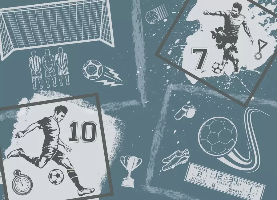 Wall Mural Photo Wallpaper Football players, ball and other soccer attributes in blue tones w03122