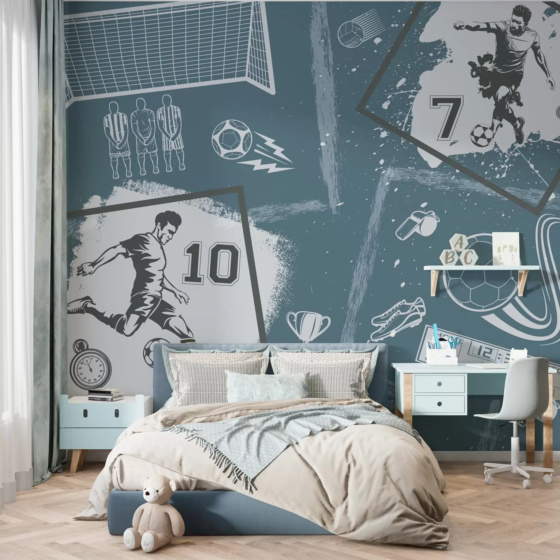 peintures murales Joueurs de football, ballon et autres attributs du football dans les tons bleus w03122