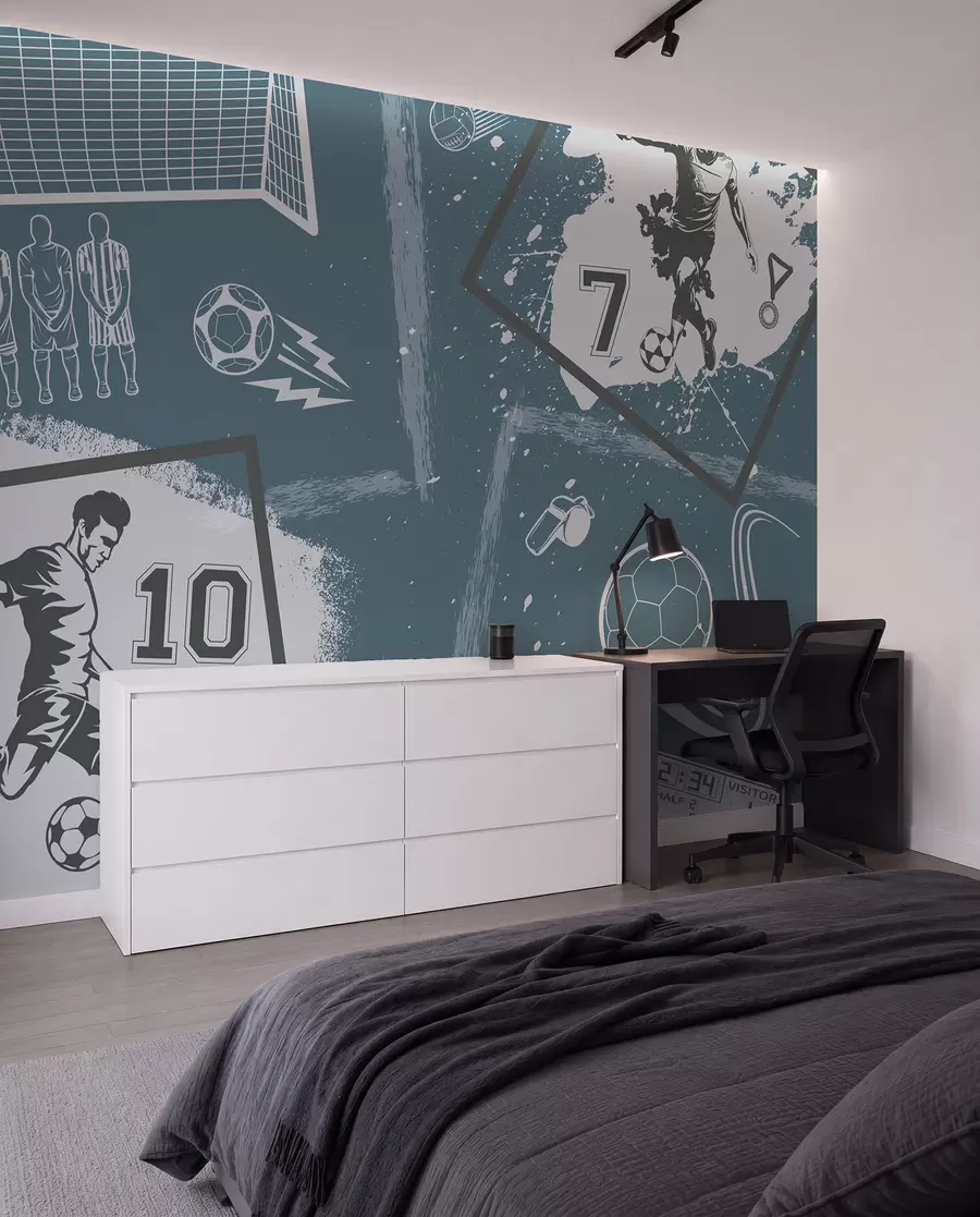 Wall Mural Photo Wallpaper Football players, ball and other soccer attributes in blue tones w03122