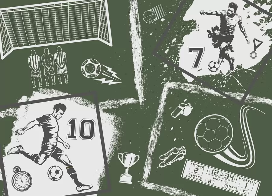 murais de parede Jogadores de futebol, bola e outros atributos do futebol em tons de verde w03122v2