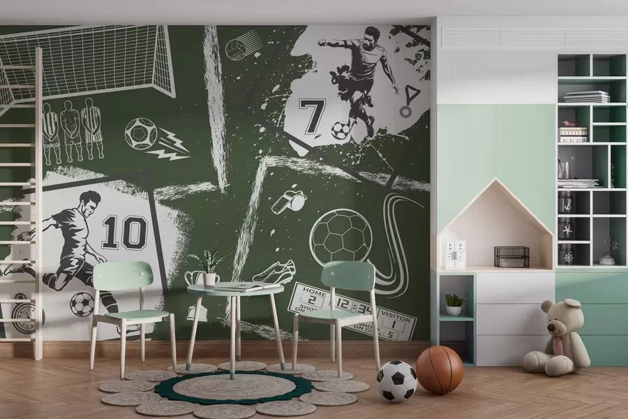 wall murals Football players, ball and other soccer attributes in green tones w03122v2