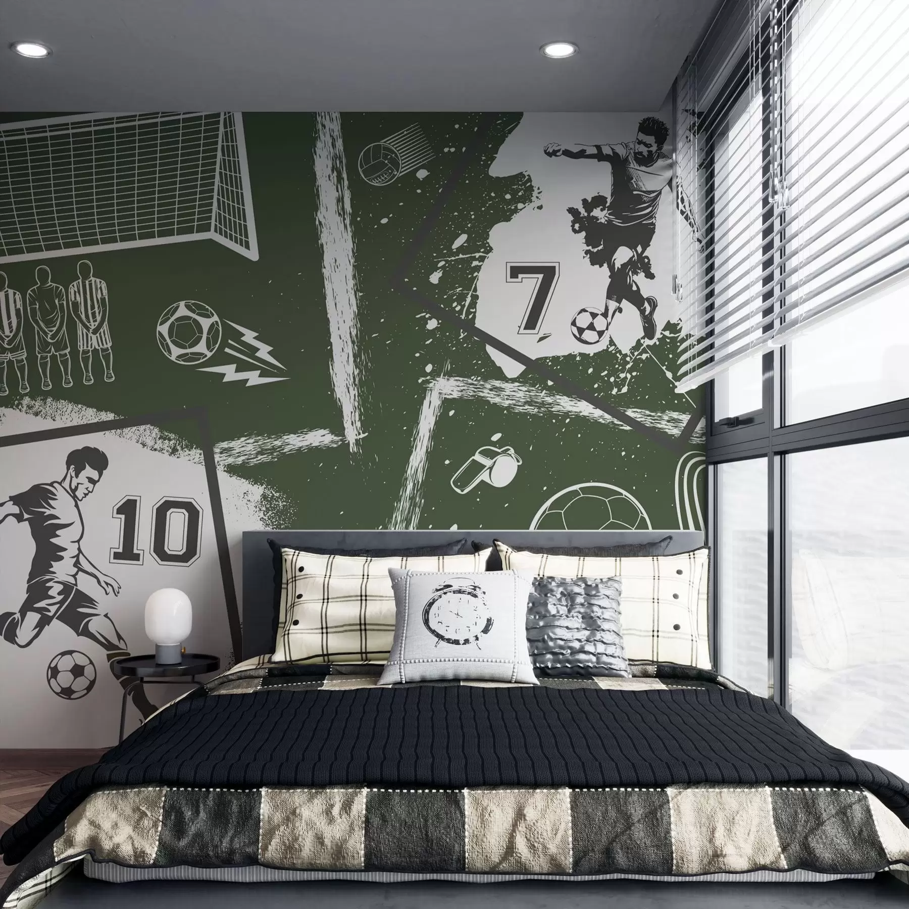 wall murals Football players, ball and other soccer attributes in green tones w03122v2