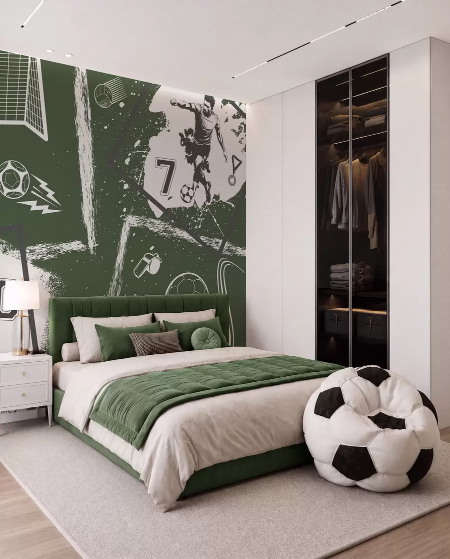 wall murals Football players, ball and other soccer attributes in green tones w03122v2