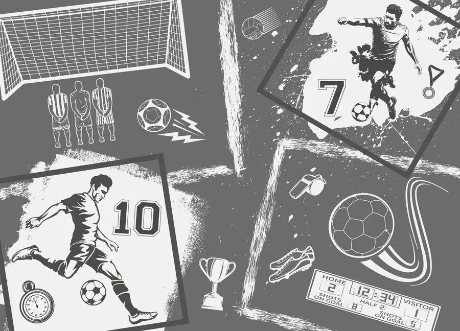 peintures murales Joueurs de football, ballon et autres attributs du football en tons gris w03122v1