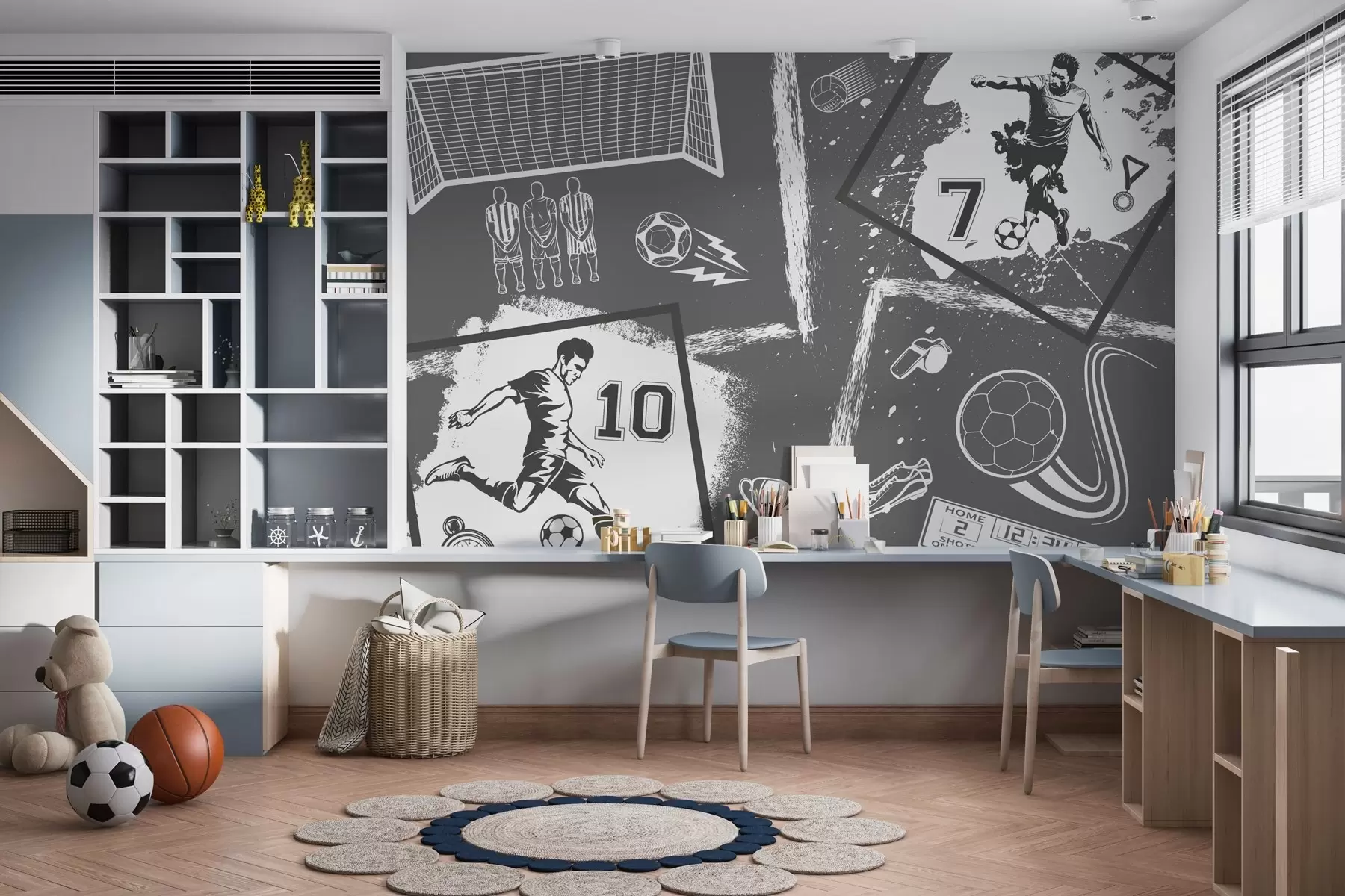 Wall Mural Photo Wallpaper Football players, ball and other soccer attributes in gray tones w03122v1