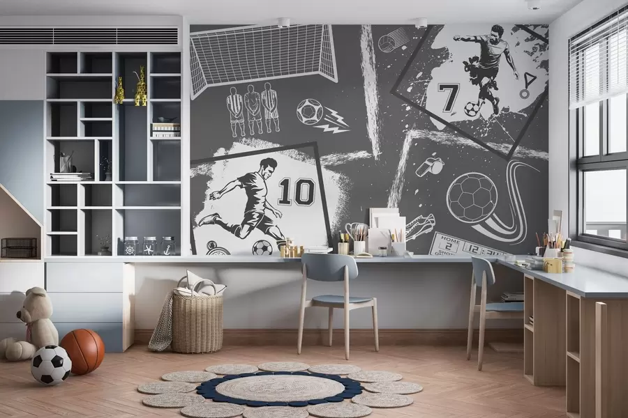 peintures murales Joueurs de football, ballon et autres attributs du football en tons gris w03122v1