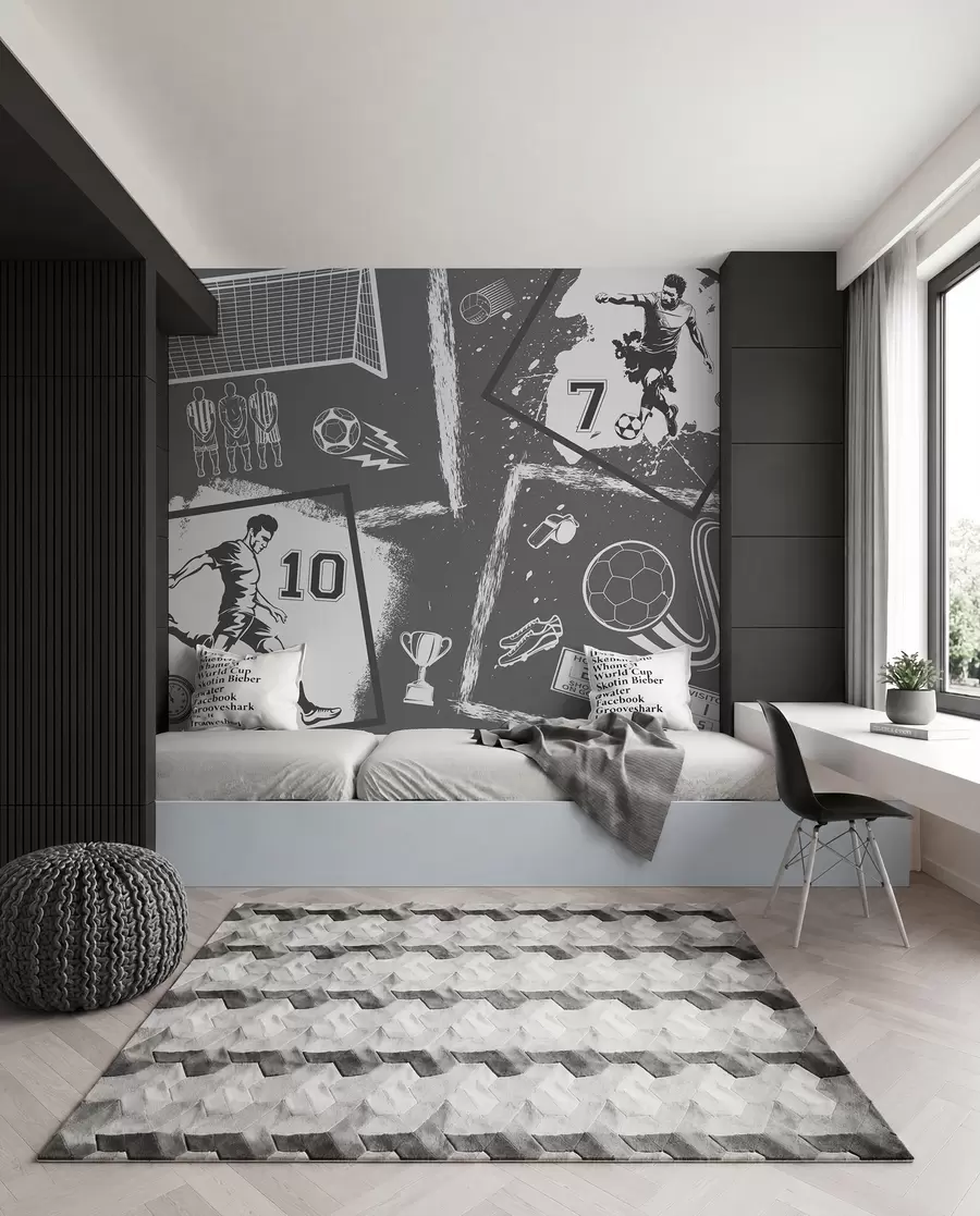 wall murals Football players, ball and other soccer attributes in gray tones w03122v1