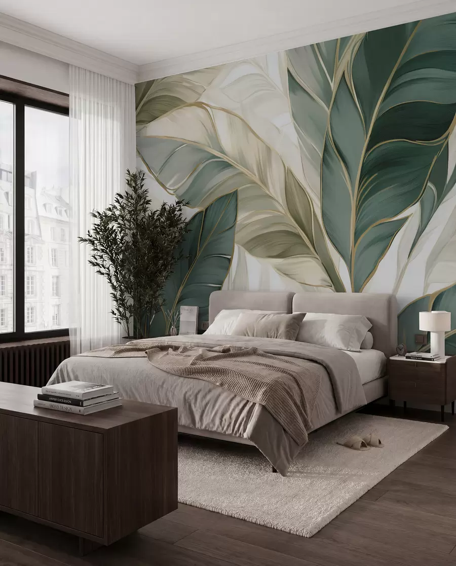 peintures murales Feuilles tropicales vertes sur fond gris et blanc w03124