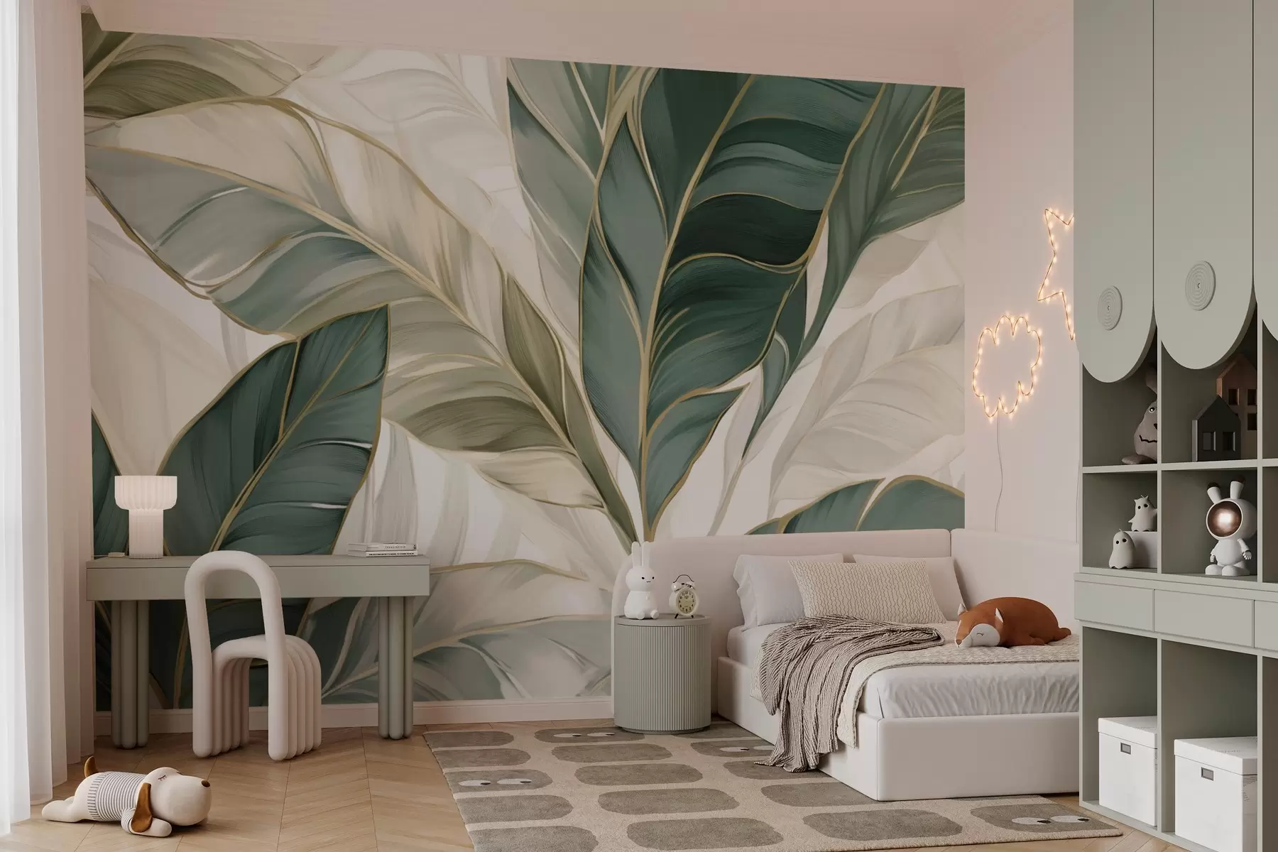 murais de parede Folhas tropicais verdes sobre fundo cinzento e branco w03124