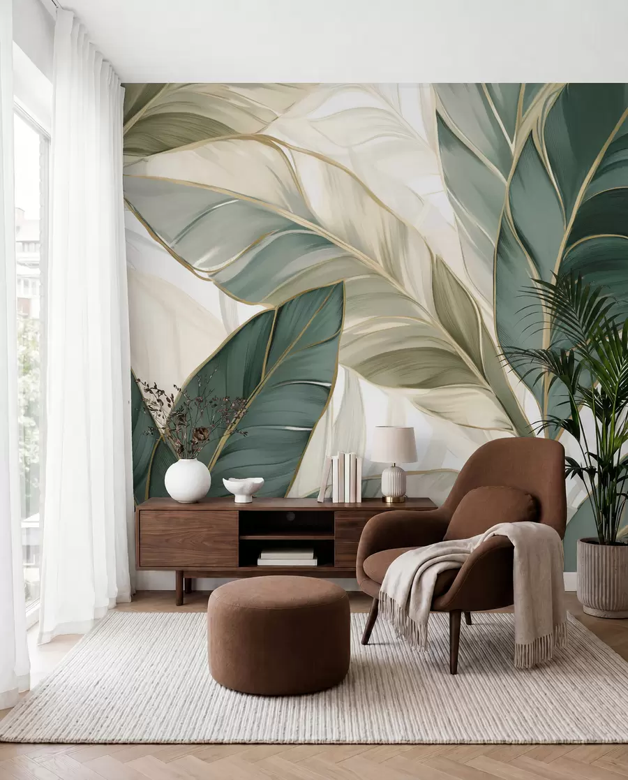 wall murals Green tropical leaves on gray and white background w03124