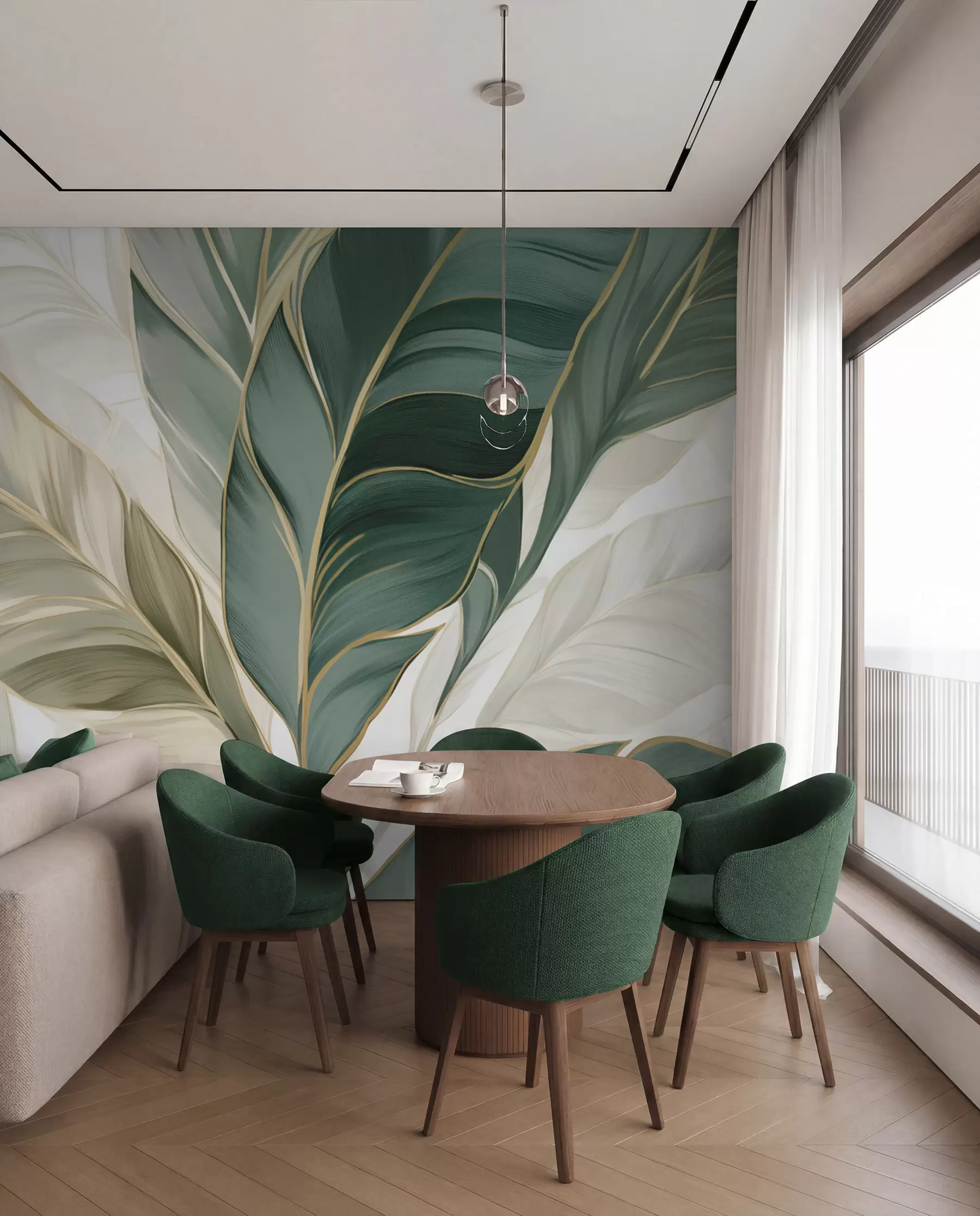 wall murals Emerald and Ivory Leaves w03124